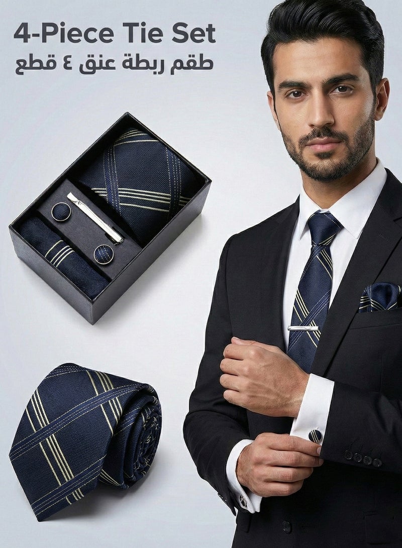 FIORICASA 4-Piece Men's Necktie Gift Set - Navy Blue & Gold Striped Jacquard Tie with Matching Cufflinks, Pocket Square & Tie Clip for Business & Weddings - Image 1